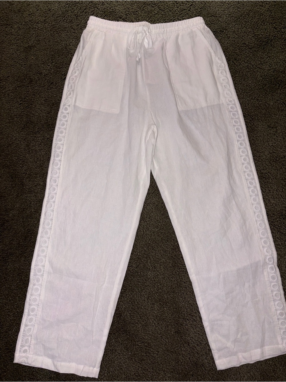 Linen Pull-On Pants With Pockets crochet eyelet panels down the legs Size L NWT